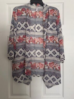 Lightweight Floral & Geometric Print Kimono Cardigan - Coral & Navy